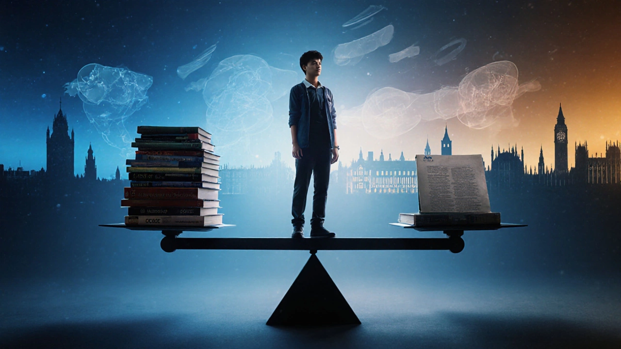 A balance scale with textbooks from CBSE, IB, and Cambridge systems, with a student contemplating their choice.