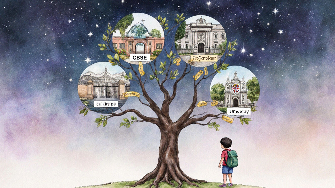 A branching decision tree leading to different educational futures: IIT, global university, UK college, and local college.