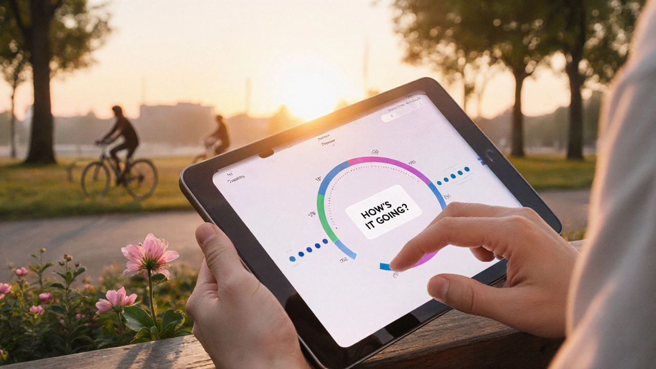 A learner progressing at their own pace on a tablet during a quiet morning in a park.