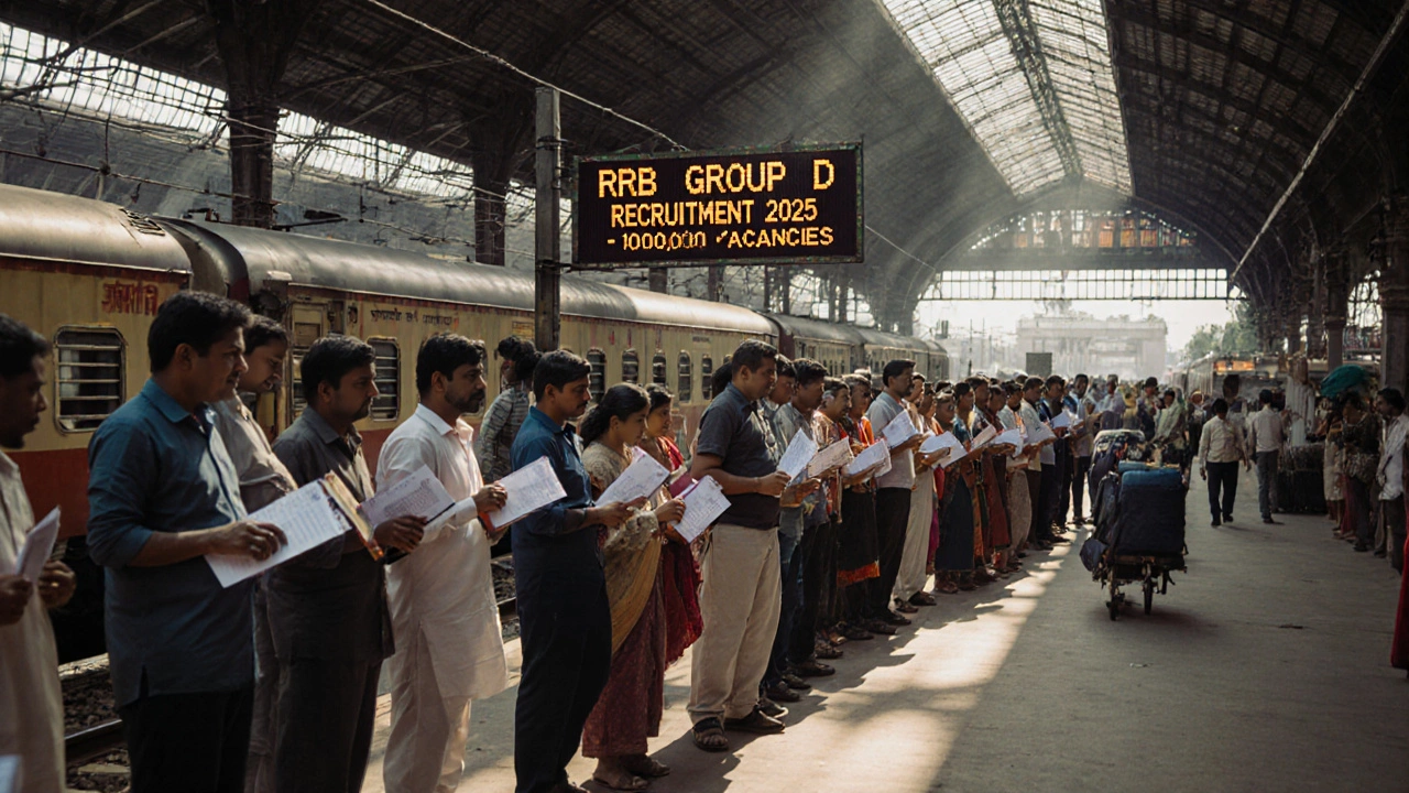 Applicants waiting in line outside an Indian railway recruitment office with digital job board.