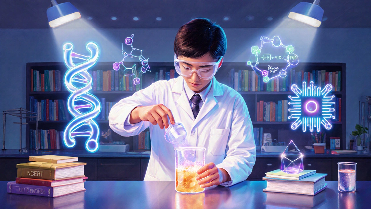 CBSE student conducting a lab experiment with floating concept visuals.