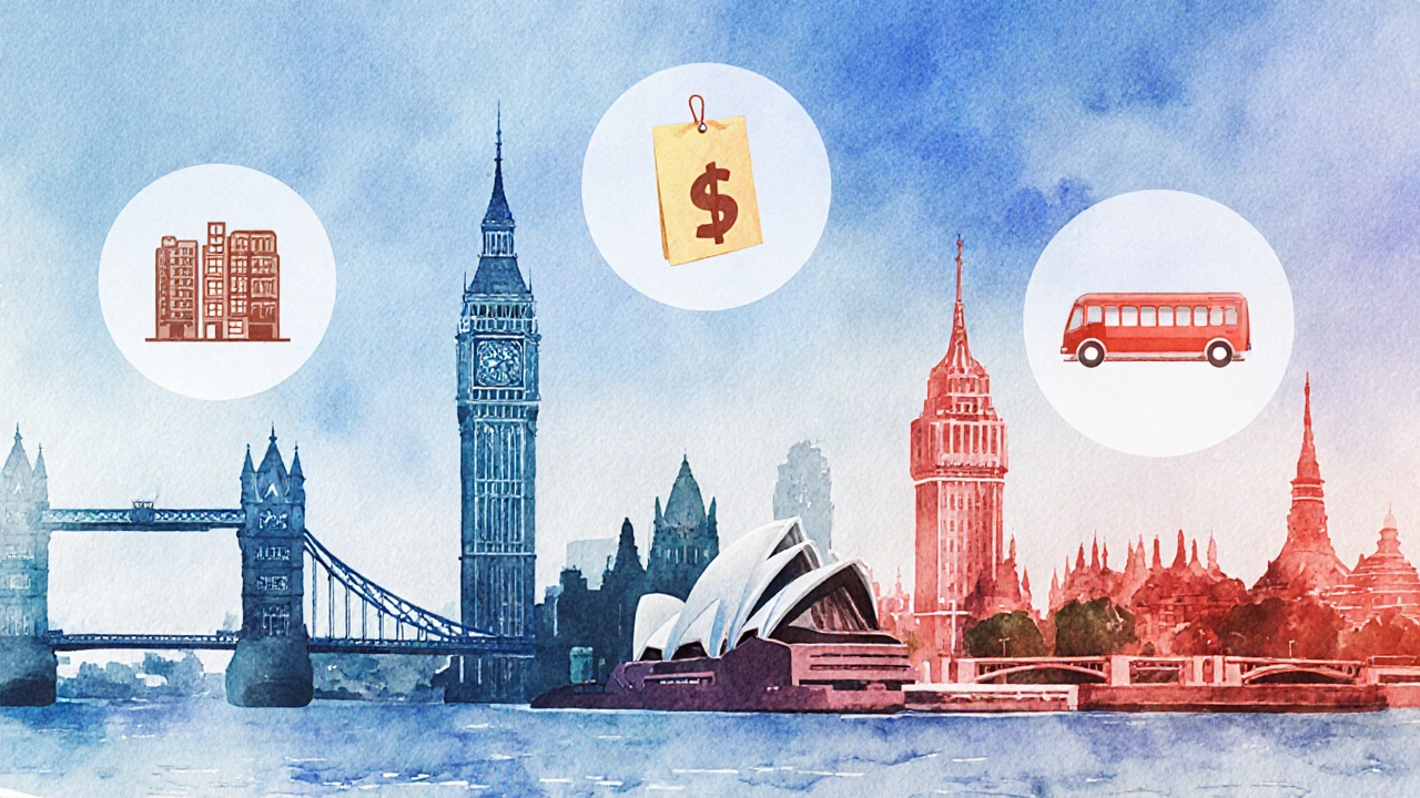 City skylines with icons representing rent, food and transport costs.