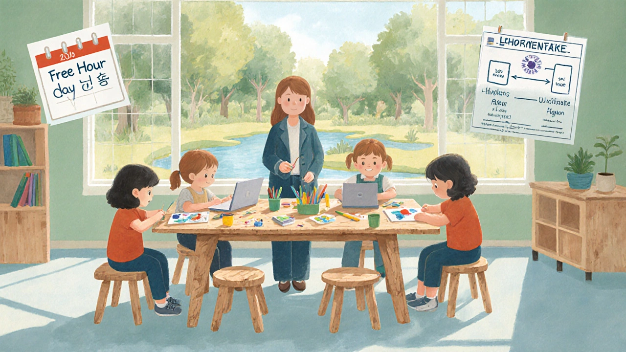 Finnish classroom with collaborative students, teacher, and hints of educational reforms.