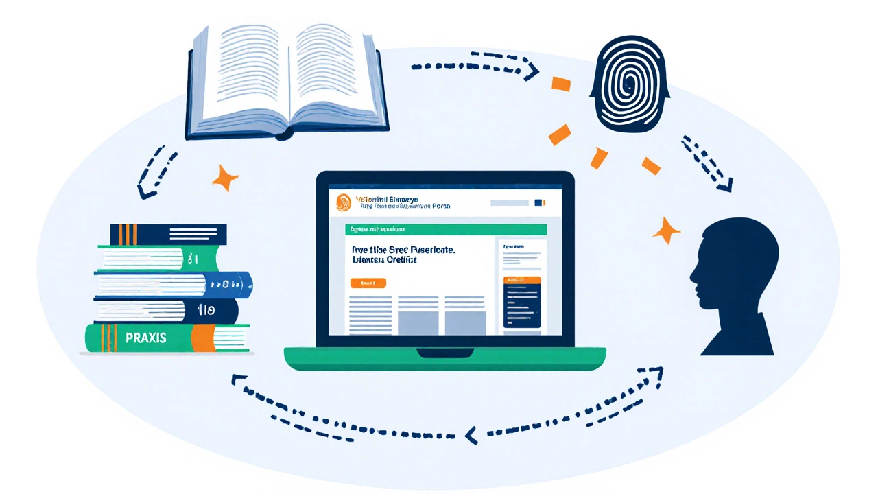 Flat illustration of laptop portal surrounded by icons for coursework, exams, fingerprint, and mentor.