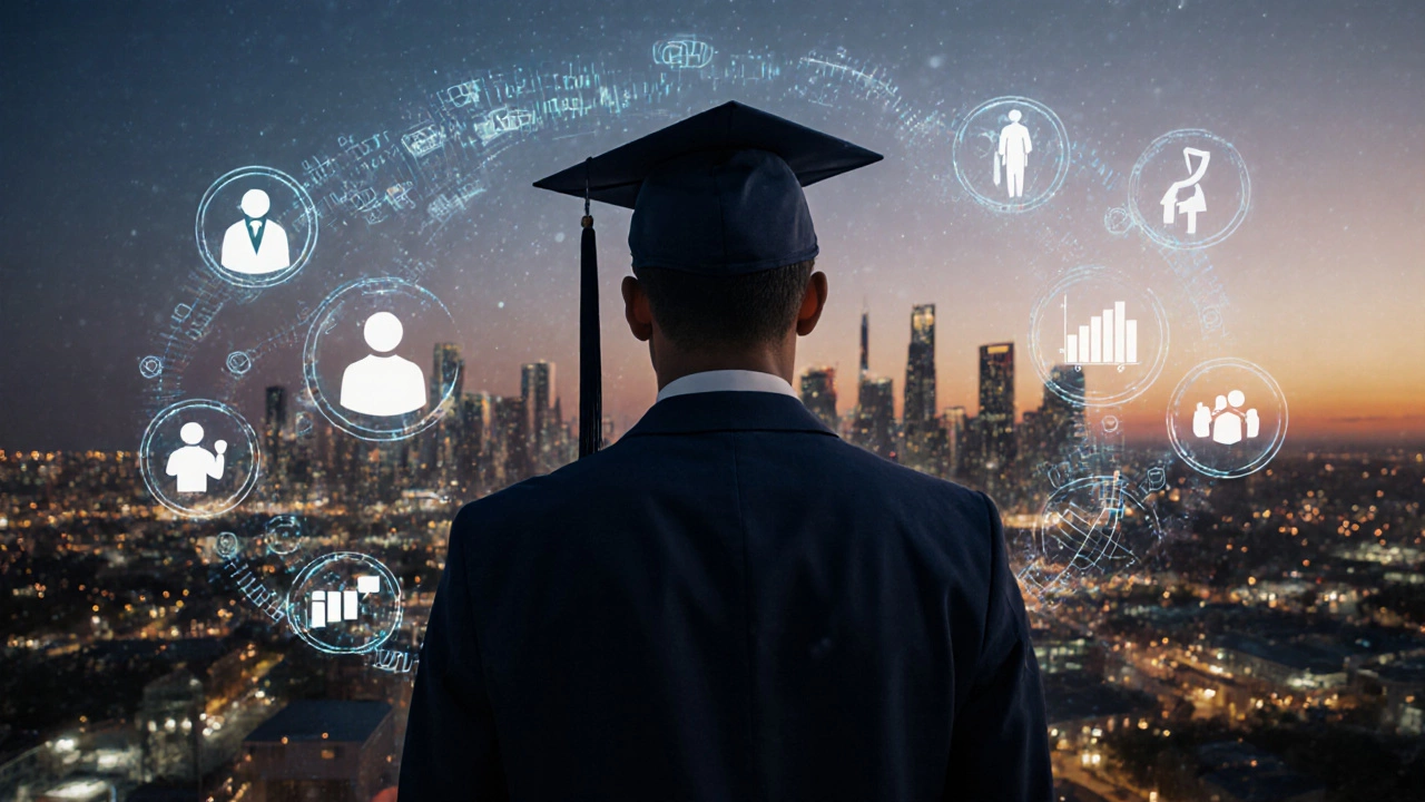Graduate on rooftop at dusk with city skyline and abstract symbols of numbers, leadership, and industry.