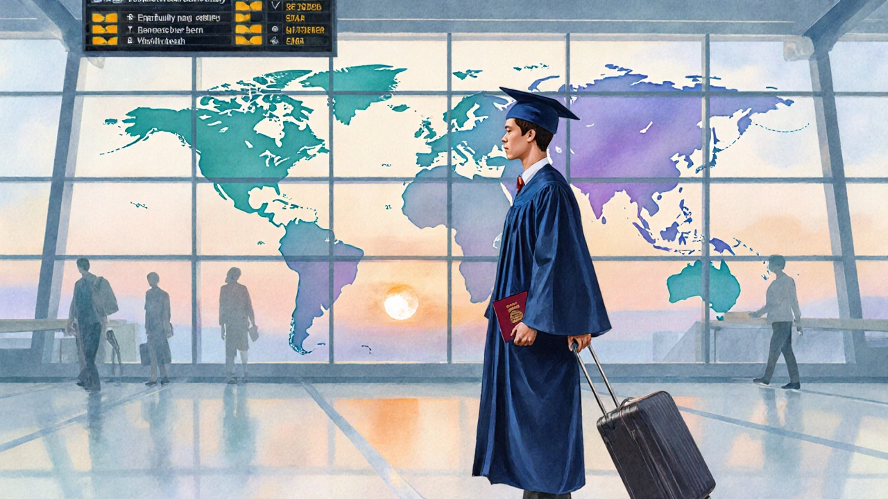 Graduated CBSE student with suitcase and world map mural, ready for global study.