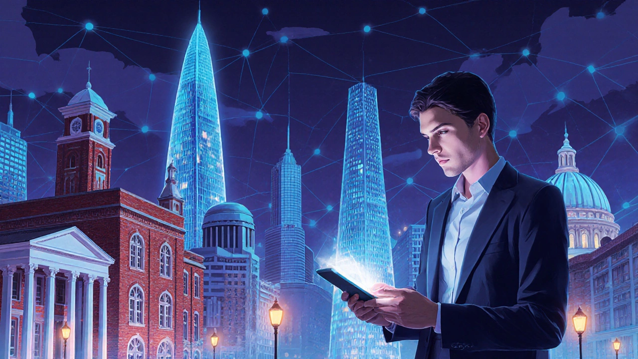 Iconic landmarks of top MBA schools connected by glowing lines in a dusk city hub.