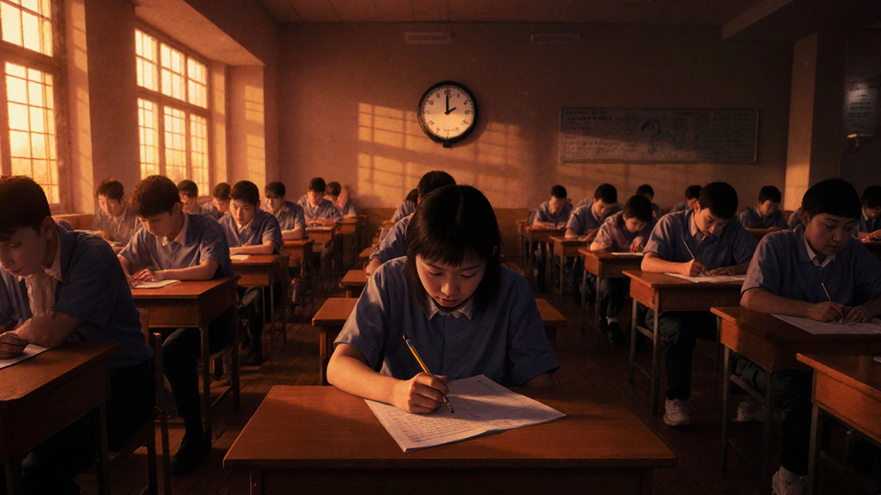 Intense Gaokao exam room with focused students, ticking clock, and stress gauge overlay.