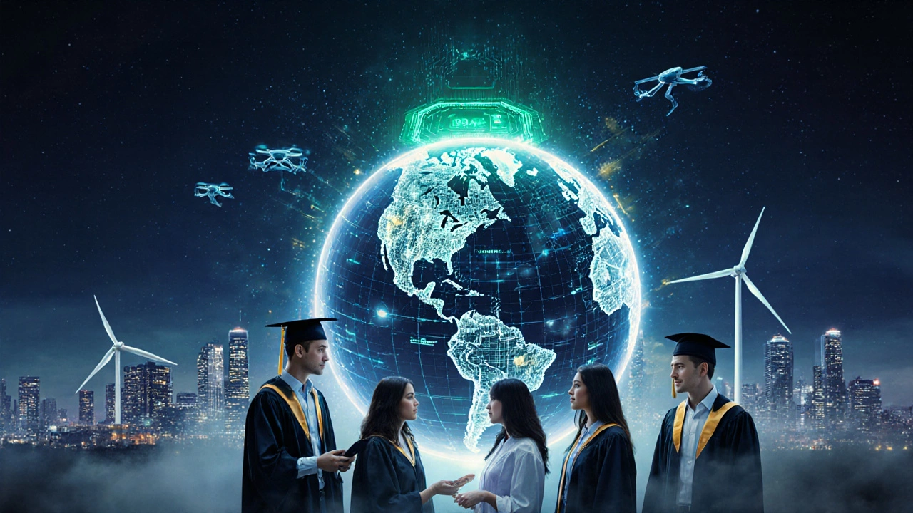 Interdisciplinary team exploring AI, quantum, and renewable energy holograms in a futuristic setting.