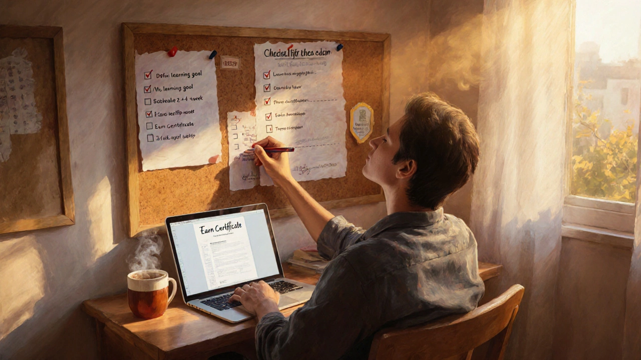 Learner checking off a study checklist and celebrating a completed course certificate.