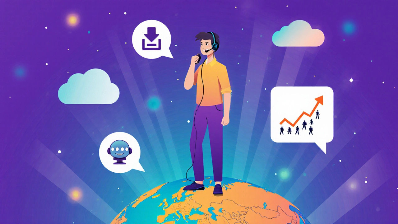 Learner on a world map with icons for offline, AI feedback, live tutor, and progress.