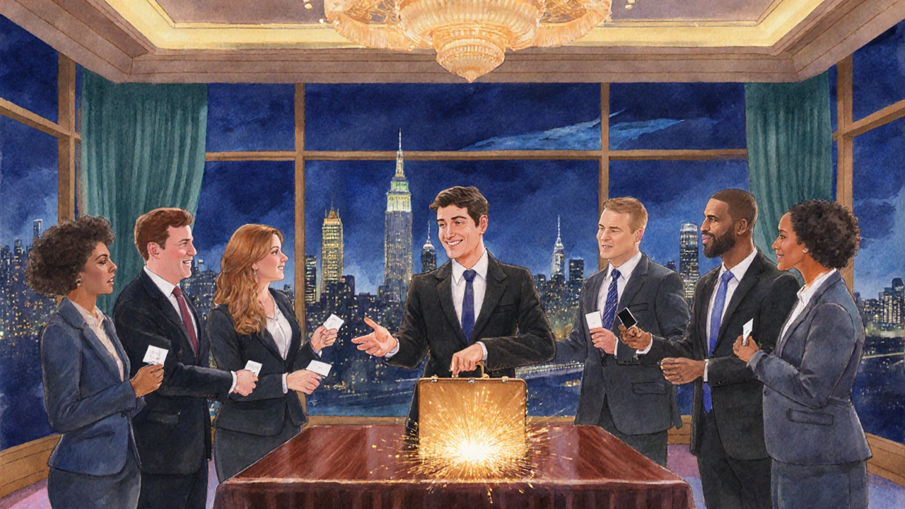 Networking event with professionals and city skylines, graduate beside glowing briefcase.