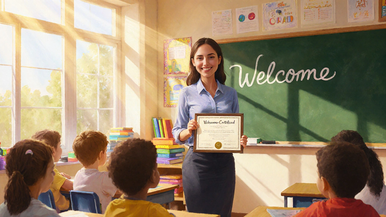 Painted scene of a new teacher holding a certificate in a sunny elementary classroom.