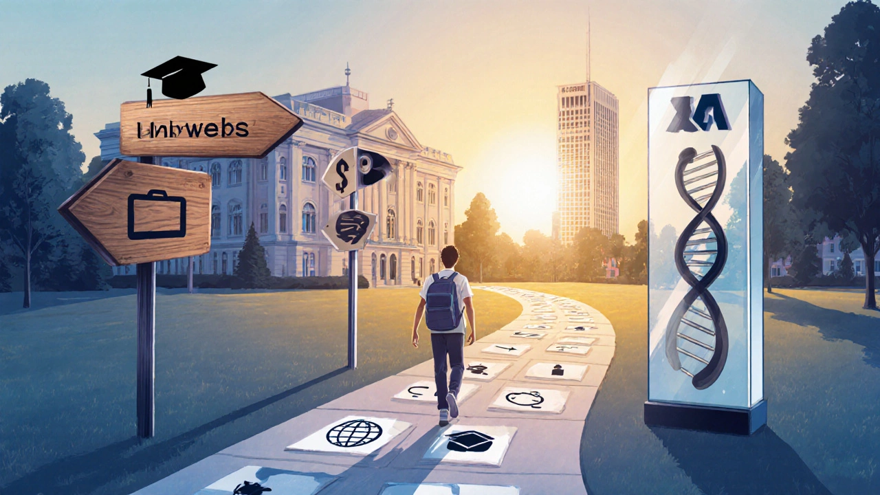 Path with three signposts leading to university and hospital, student walking toward bright horizon.