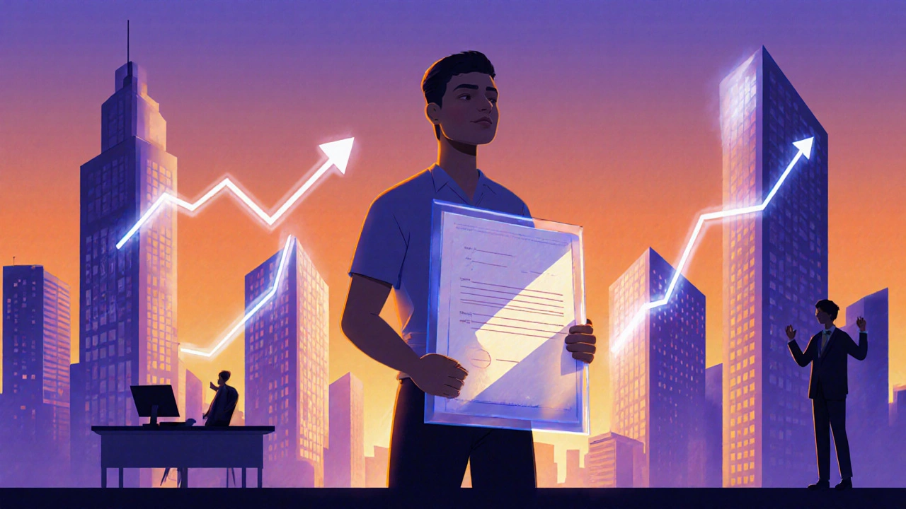 Person holding glowing certificate on city skyline at sunrise, symbolizing career boost.