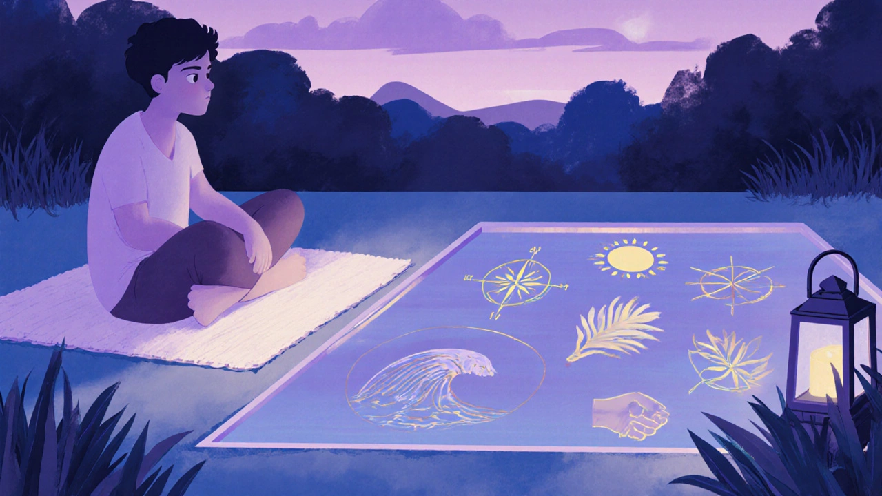 Person reflecting on personality traits in a tranquil garden at dusk.