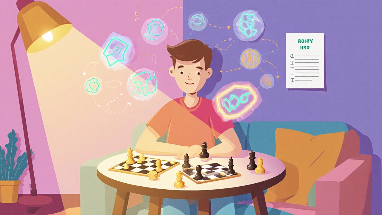 Person solving puzzles with floating logical symbols in a cozy room.