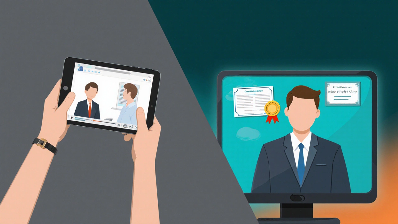Side‑by‑side view of free audit vs paid Coursera features on two devices.