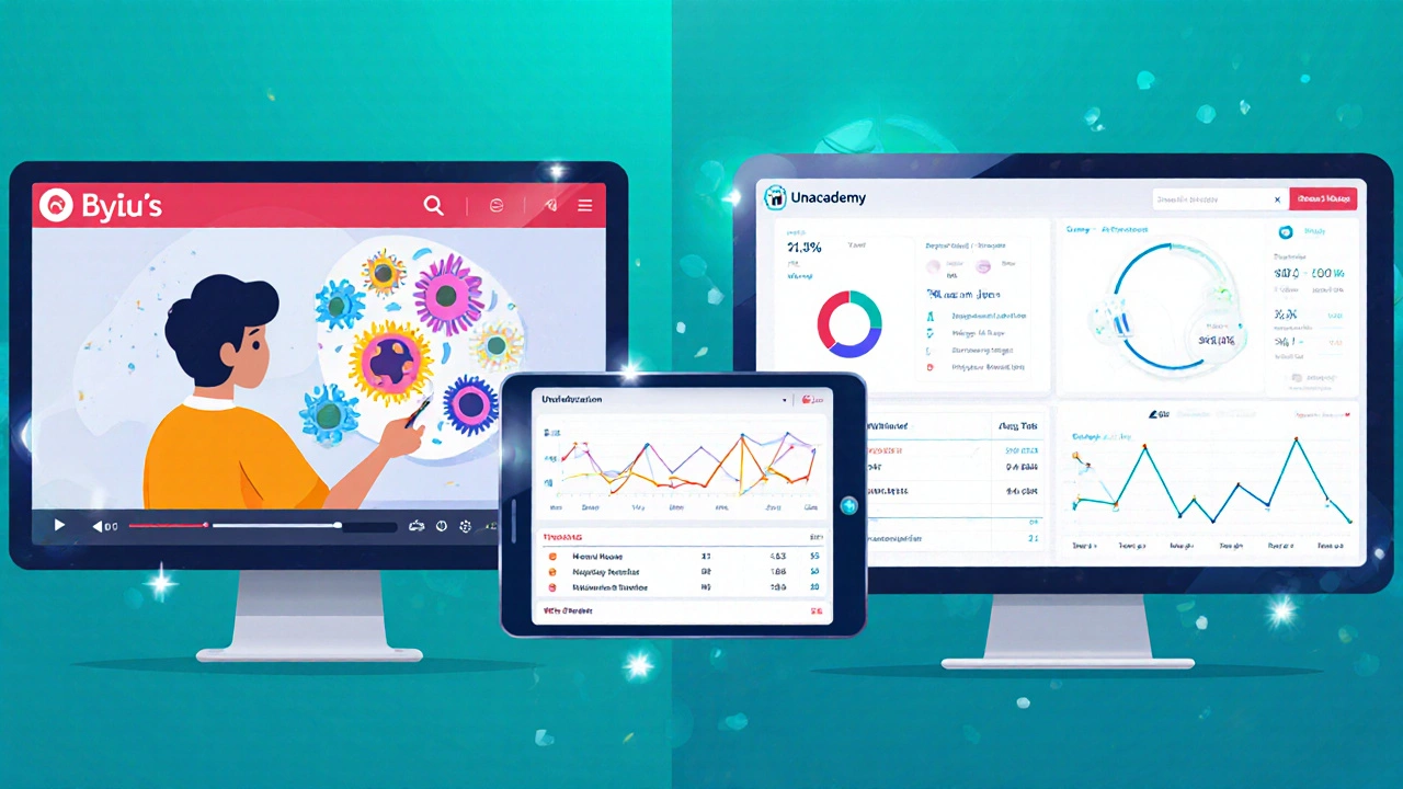 Split‑screen showing online video lecture on tablet and analytics dashboard for NEET prep.