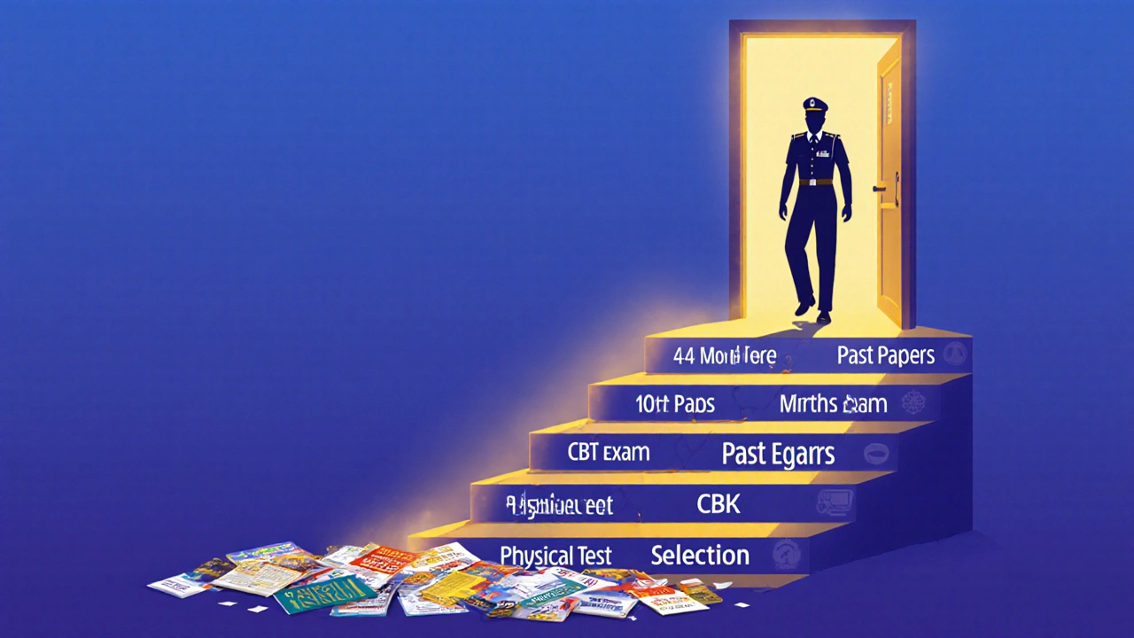 Staircase leading to a government job door, with study steps and discarded coaching ads below.