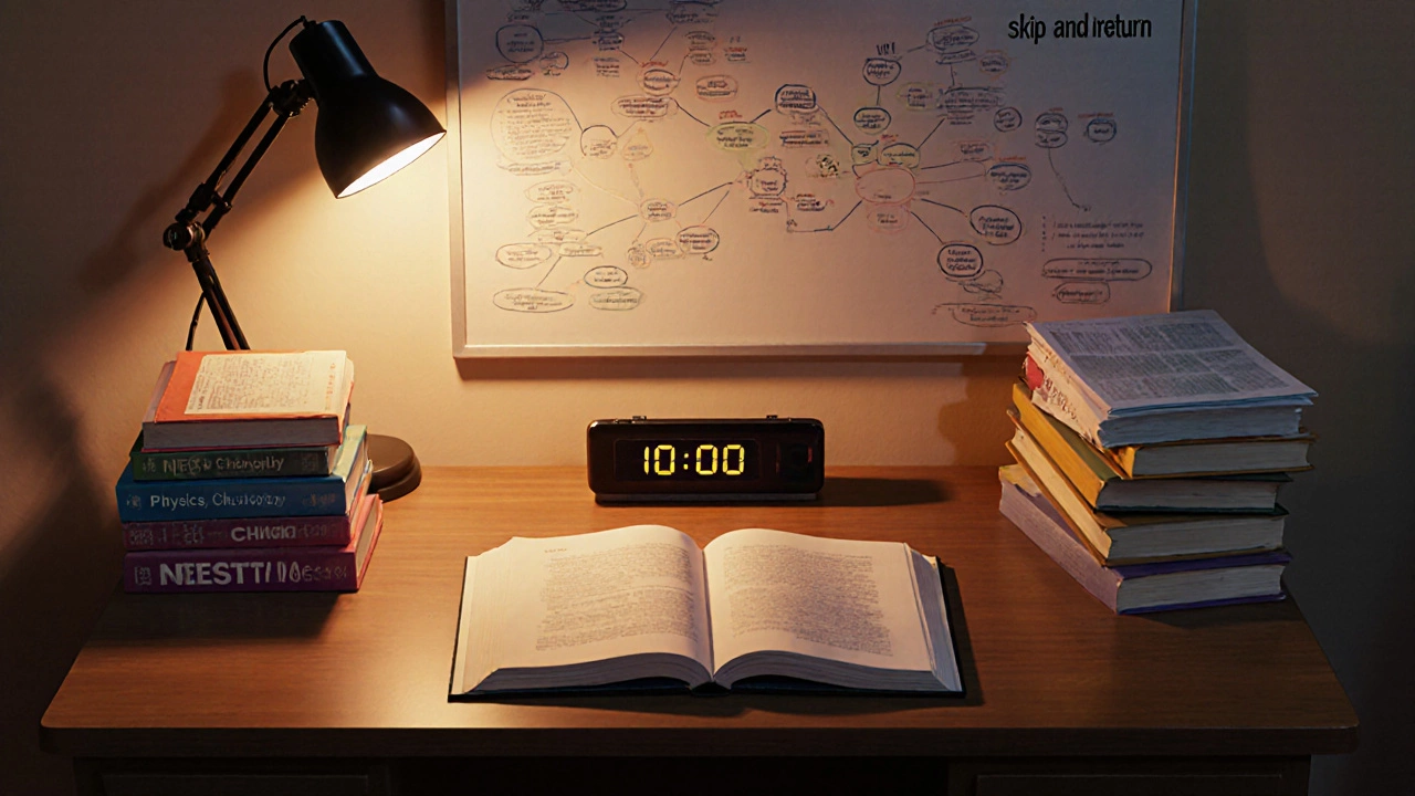 Student at desk with NCERT books, question papers, timer, and study notes.