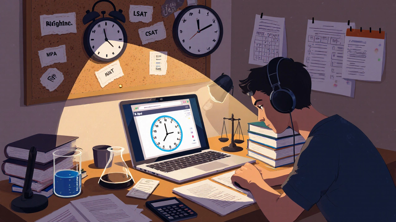 Study desk with practice books, laptop timer, clock, and exam-related props like beaker and scale.