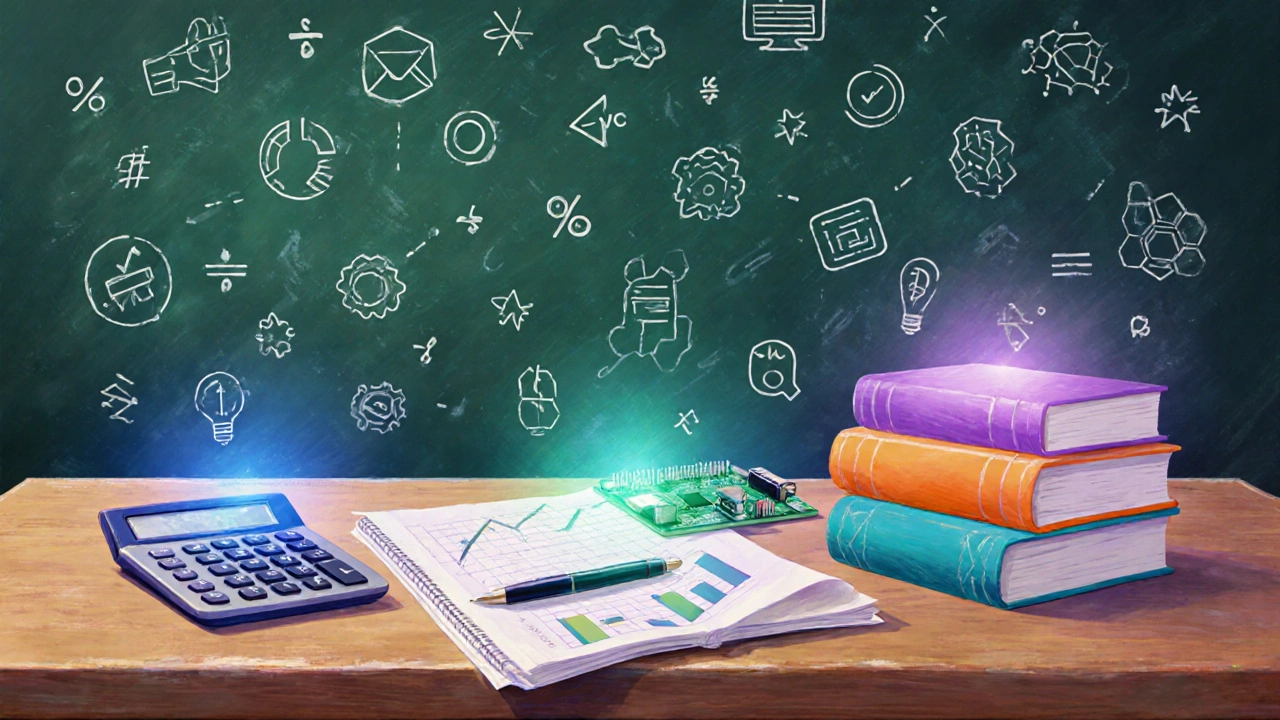 Study table with items representing business, economics, engineering, computer science, and liberal arts.