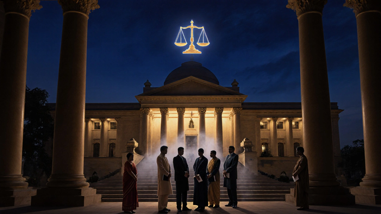 Supreme Court building at dusk with silhouetted state delegations and a justice scale above.