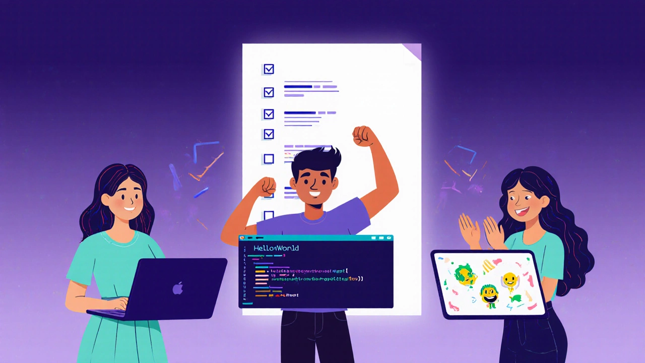 Three diverse learners celebrate coding milestones with a ticking checklist in the background.