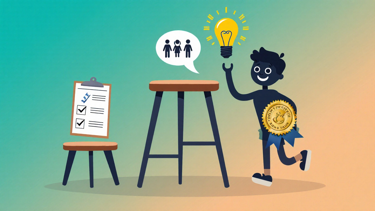 Three‑legged stool illustrating structure, support, and certification for learners.