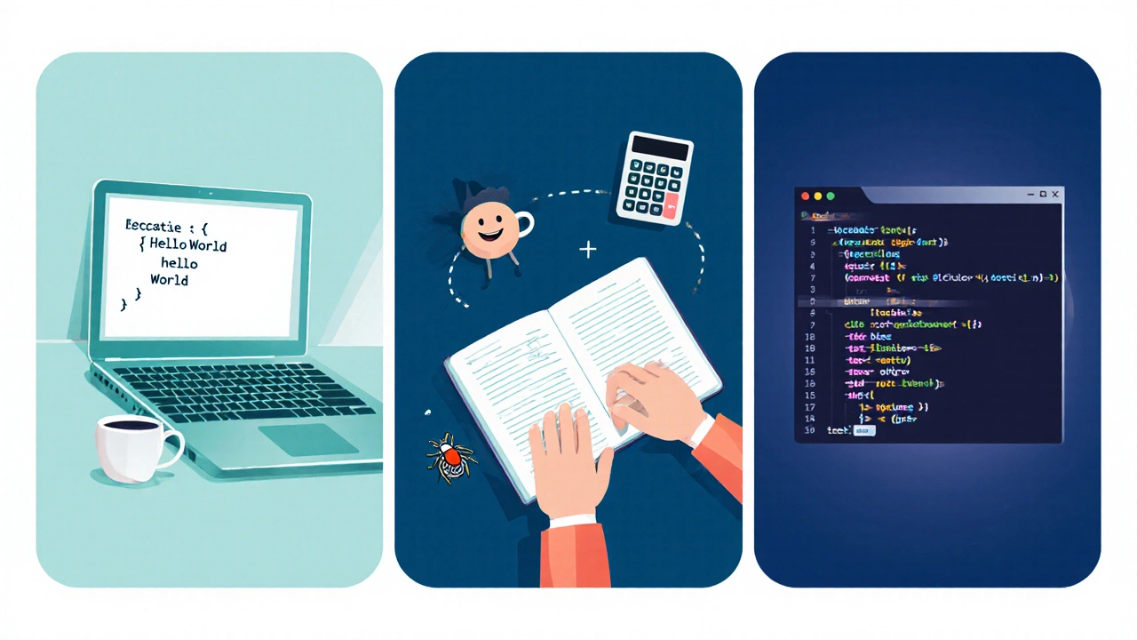 Three‑panel workspace showing Hello World, a mini project, and debugging.
