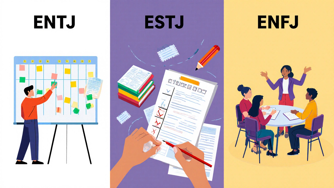 Three panels showing ENTJ with timeline, ESTJ checking schedule, ENFJ leading study group.