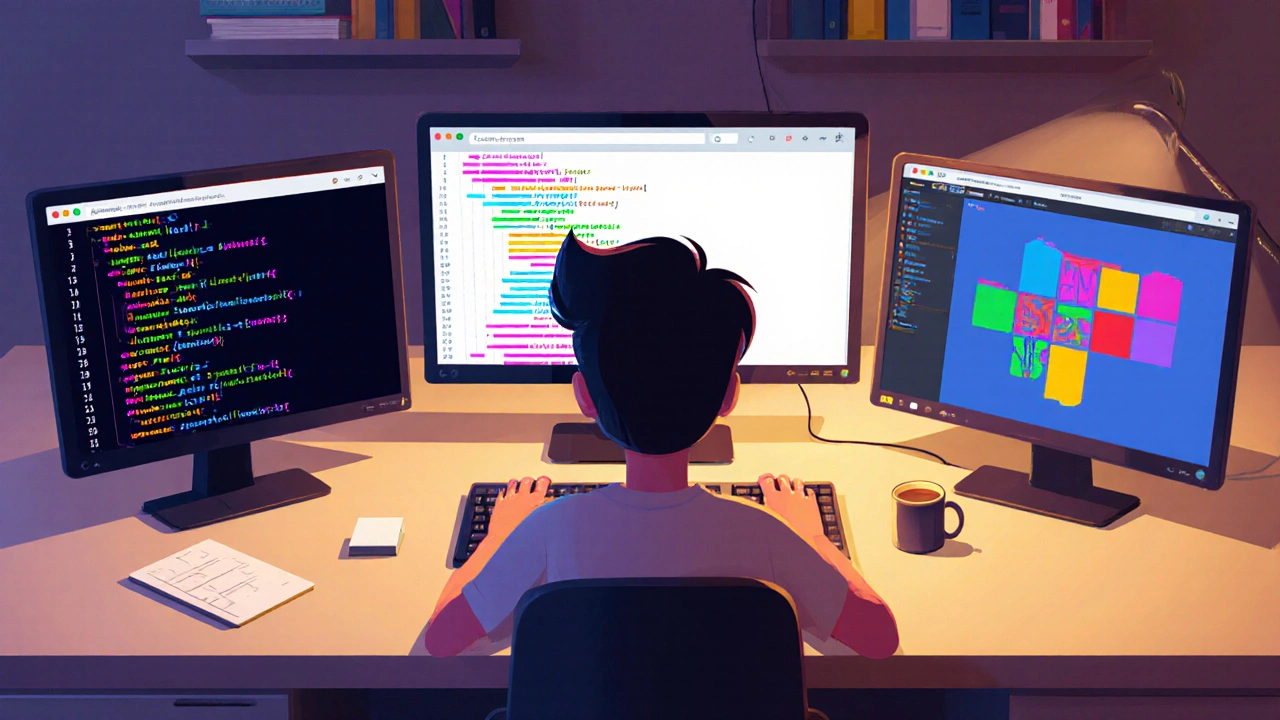 Three screens show Python code, JavaScript snippets, and Scratch block interface for a beginner.