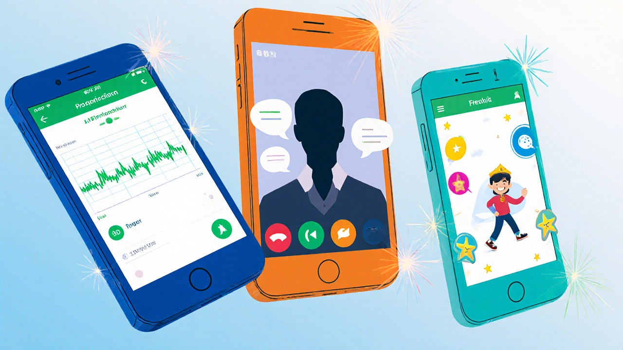 Three smartphones showing AI pronunciation, video call, and gamified lesson screens.