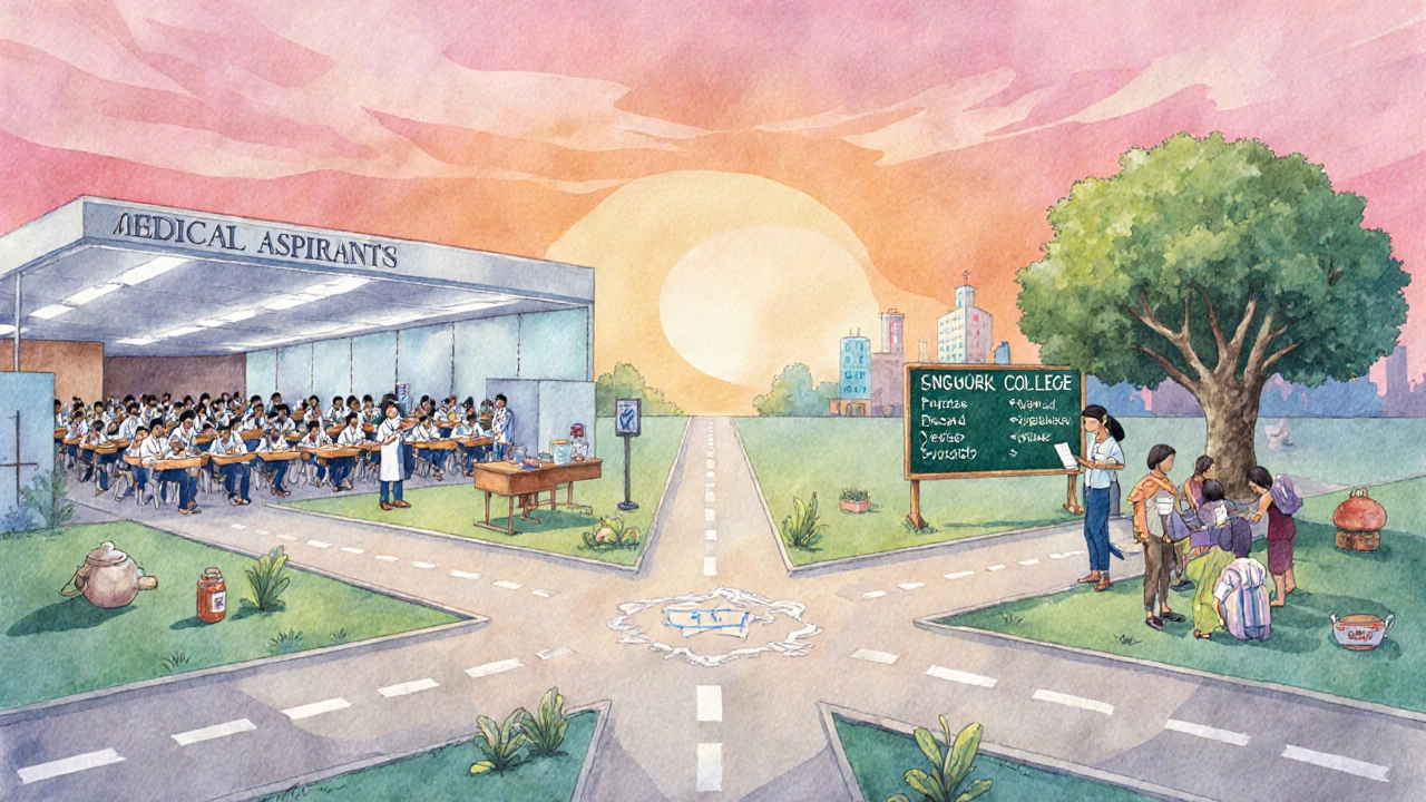 Two diverging paths showing a NEET exam hall and a regional college courtyard at sunrise.