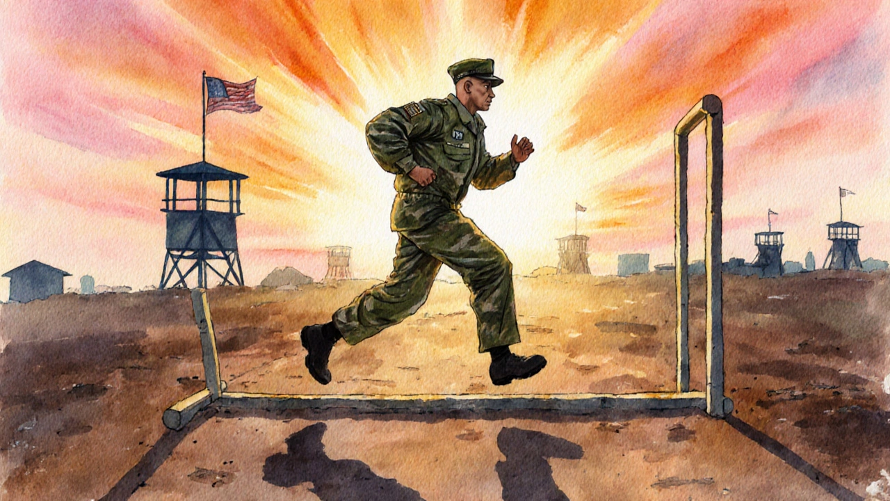 Watercolor of a new soldier training at sunrise, symbolizing a fresh start.