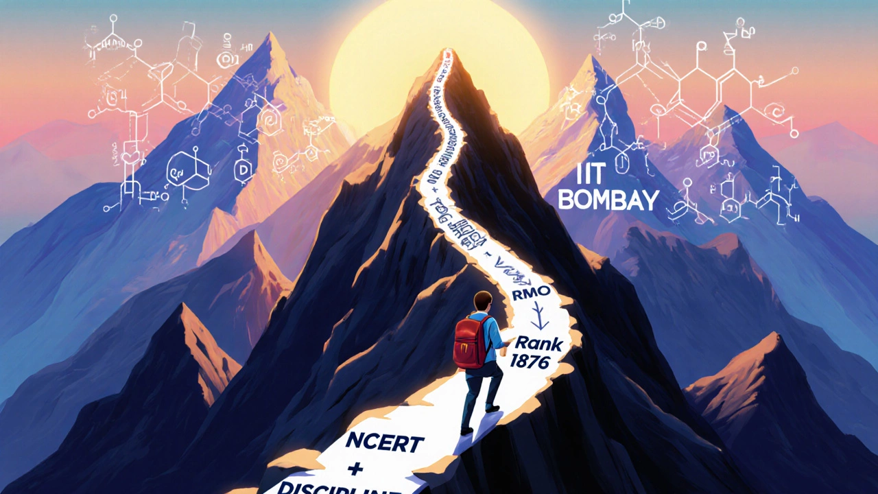 A lone climber ascends a mountain path toward an IIT summit, avoiding distractions.