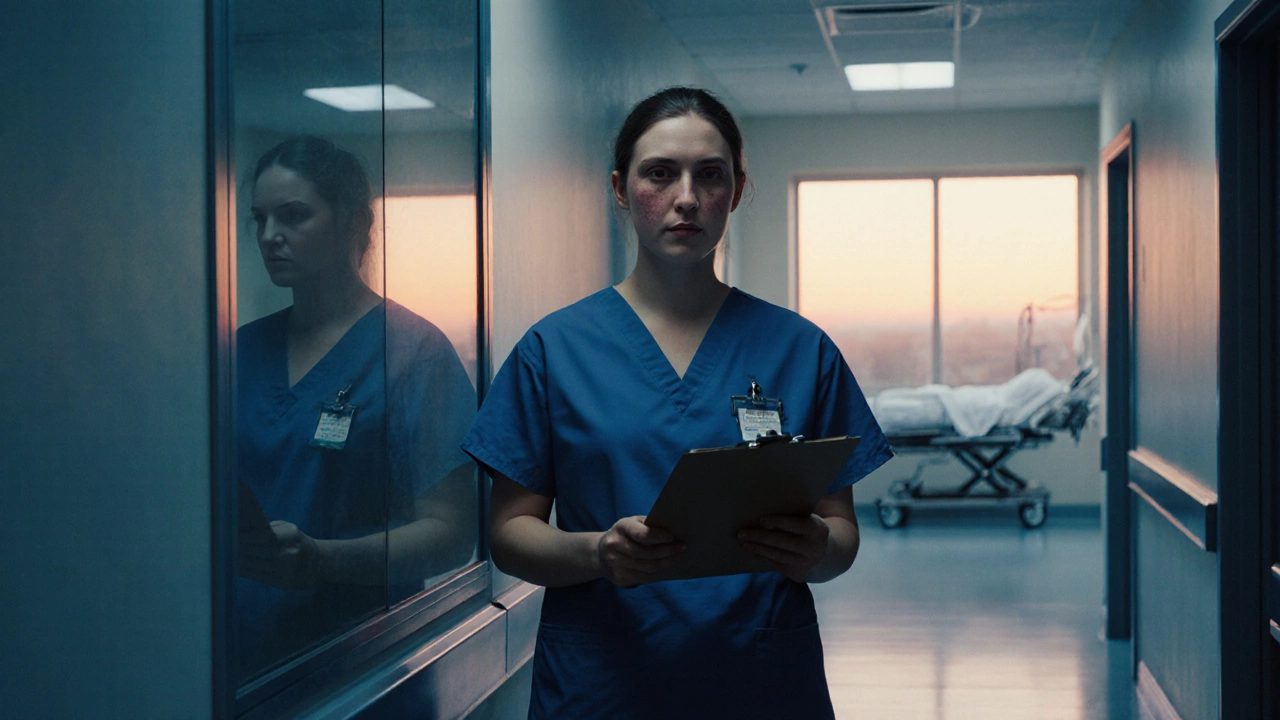 A medical student exhausted in a hospital corridor at dawn, reflecting on trauma.