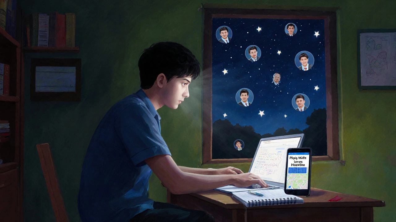 A rural student learning JEE concepts via laptop at night, starry sky visible through the window.