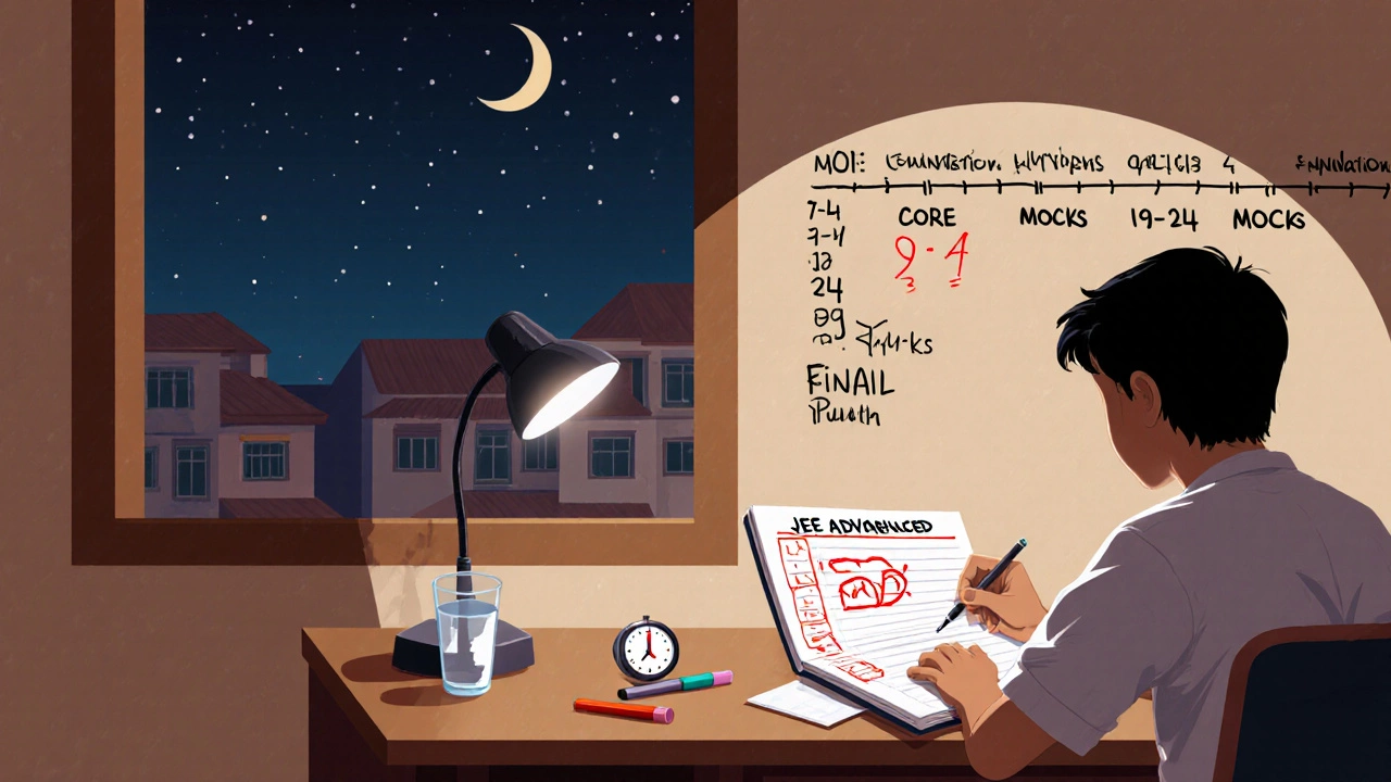 A student reviews mock test mistakes under a lamp, with a timeline on the wall.