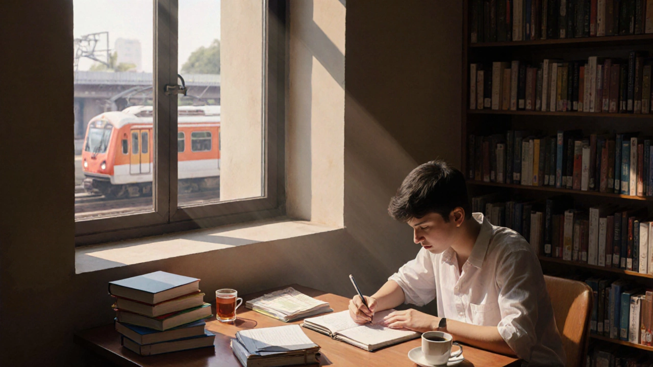 A student studying calmly in a Delhi library, natural light and books creating a peaceful prep environment.