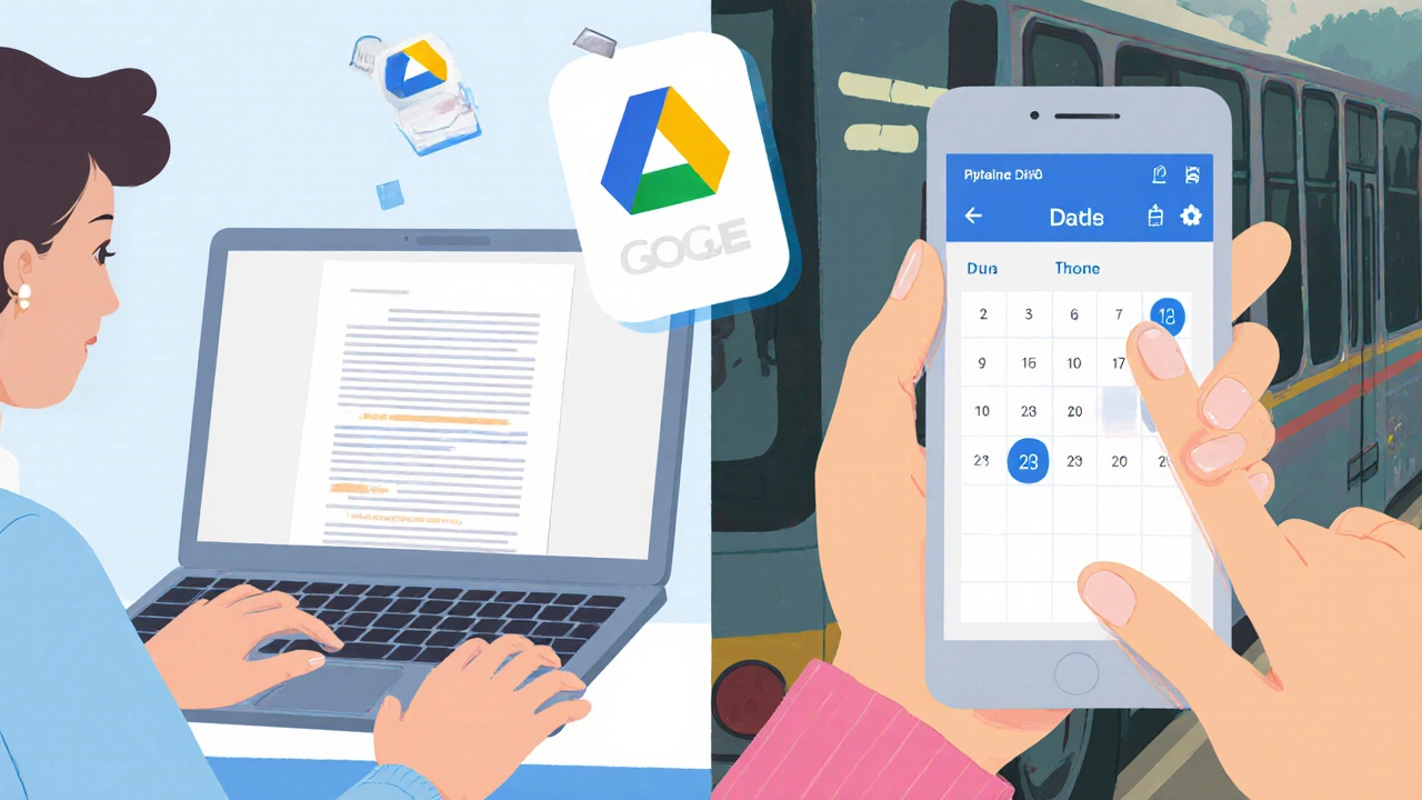 A student working on the same Google Doc across a Chromebook at school and a phone on a bus.
