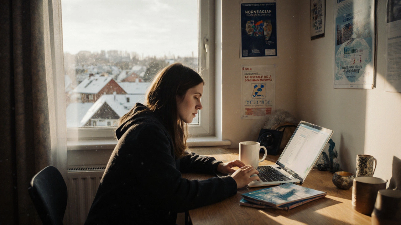 Brazilian student studying Norwegian language in a snowy Oslo apartment.