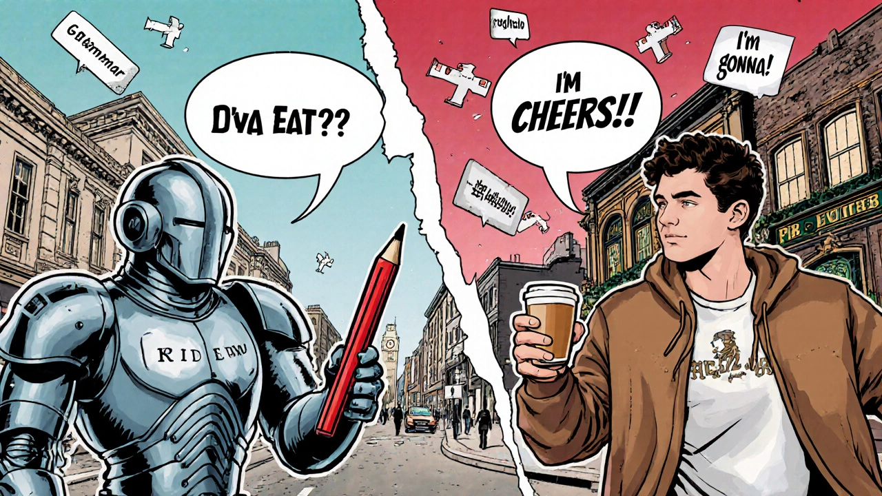 Comic-style battle between rigid grammar robot and lively real-English hero with slang phrases.