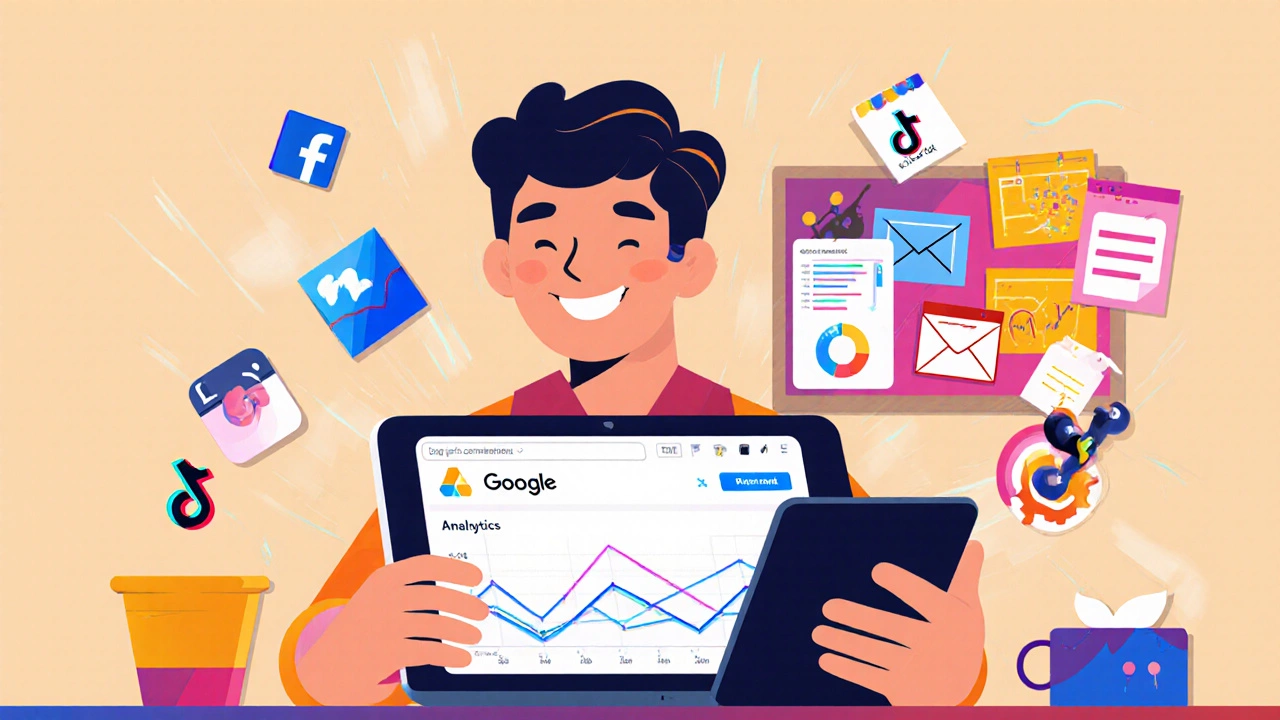 Digital marketer analyzing social media campaign data on a tablet with floating platform icons.