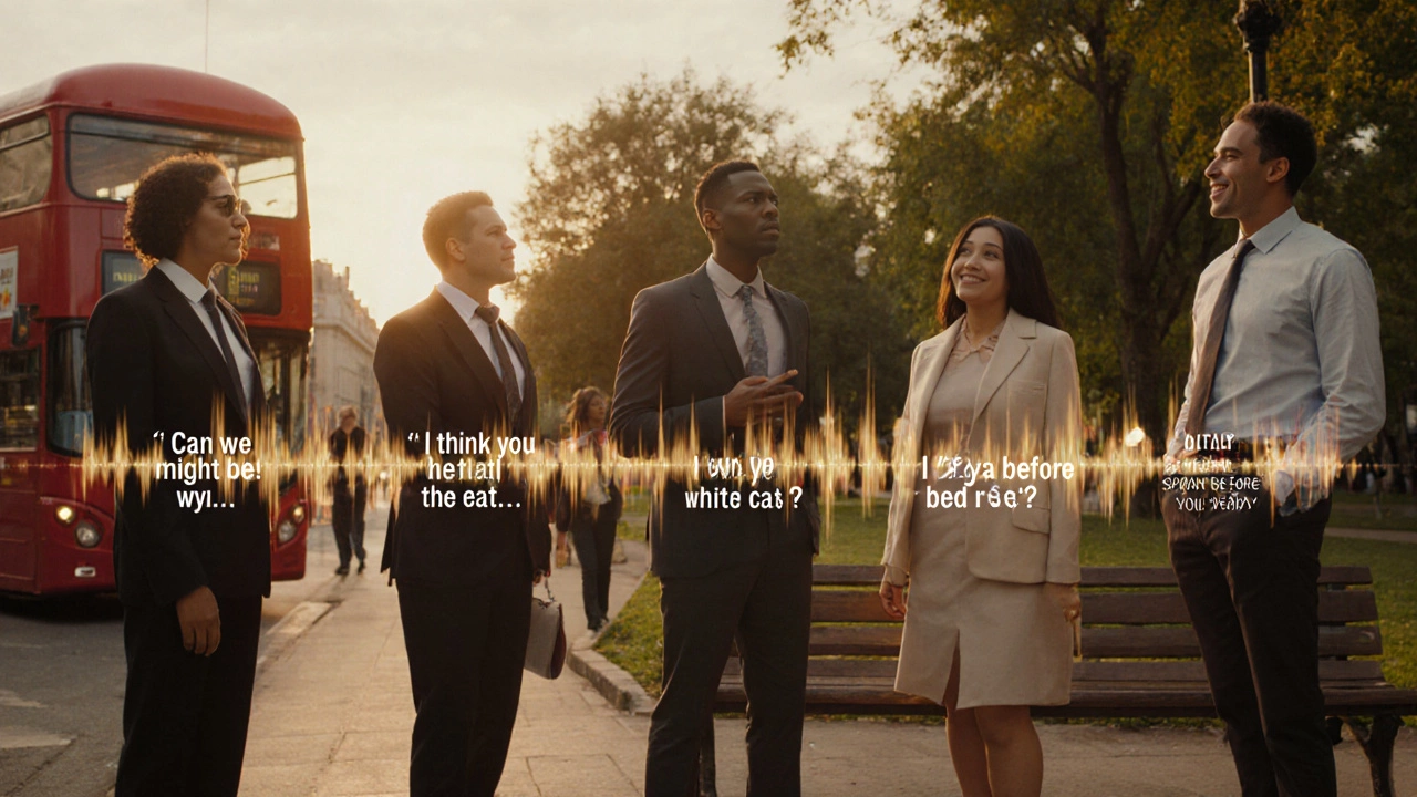 Five people in different settings speaking English phrases aloud, with sound waves connecting them.