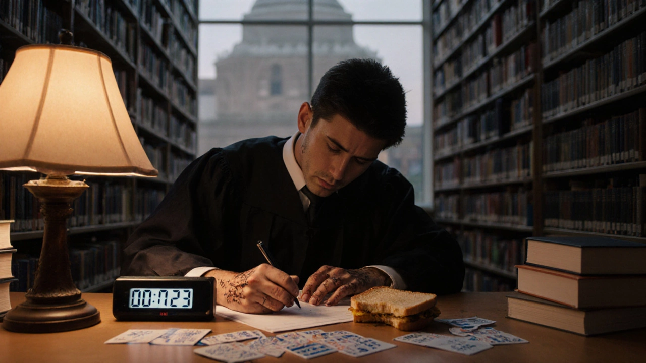 Law graduate writing an essay under time pressure in a library surrounded by legal books and flashcards.