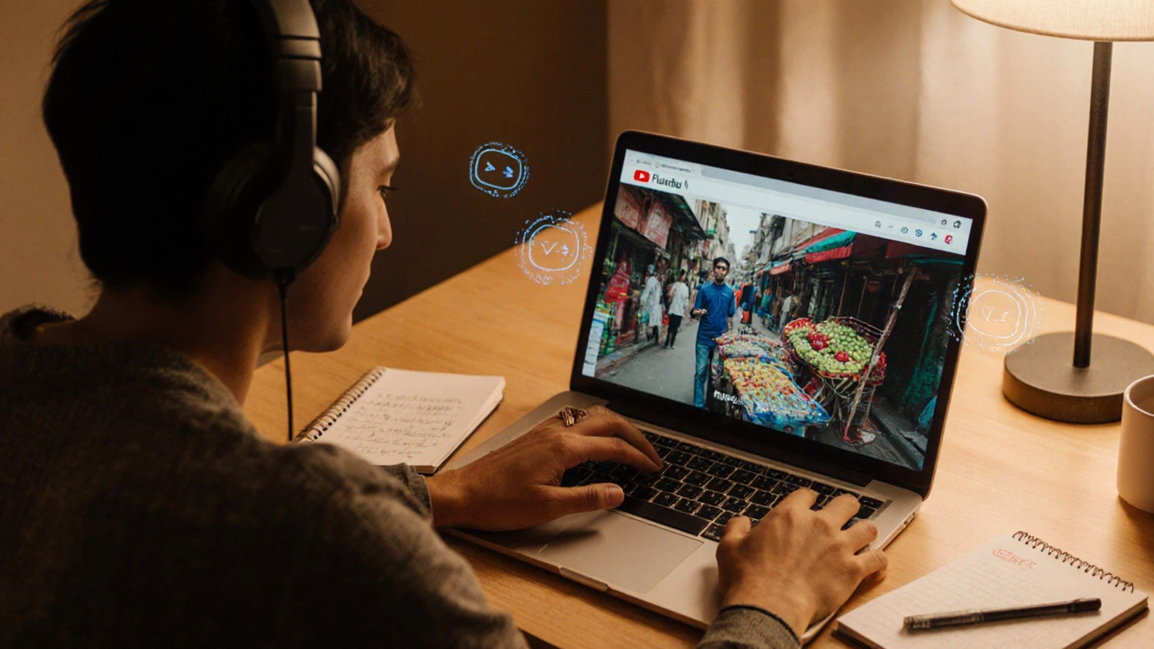 Learner responding to a real video prompt on laptop with handwritten notes nearby.