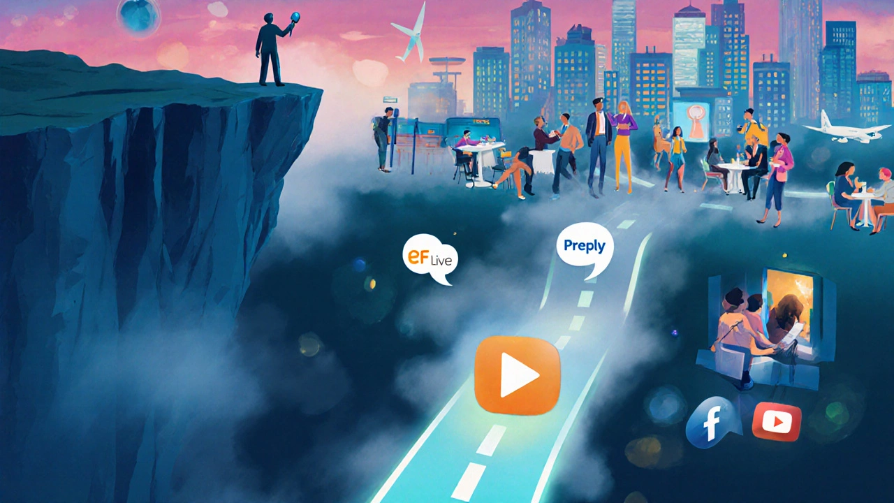 Person standing at a cliff with three glowing paths symbolizing pathways to English fluency.