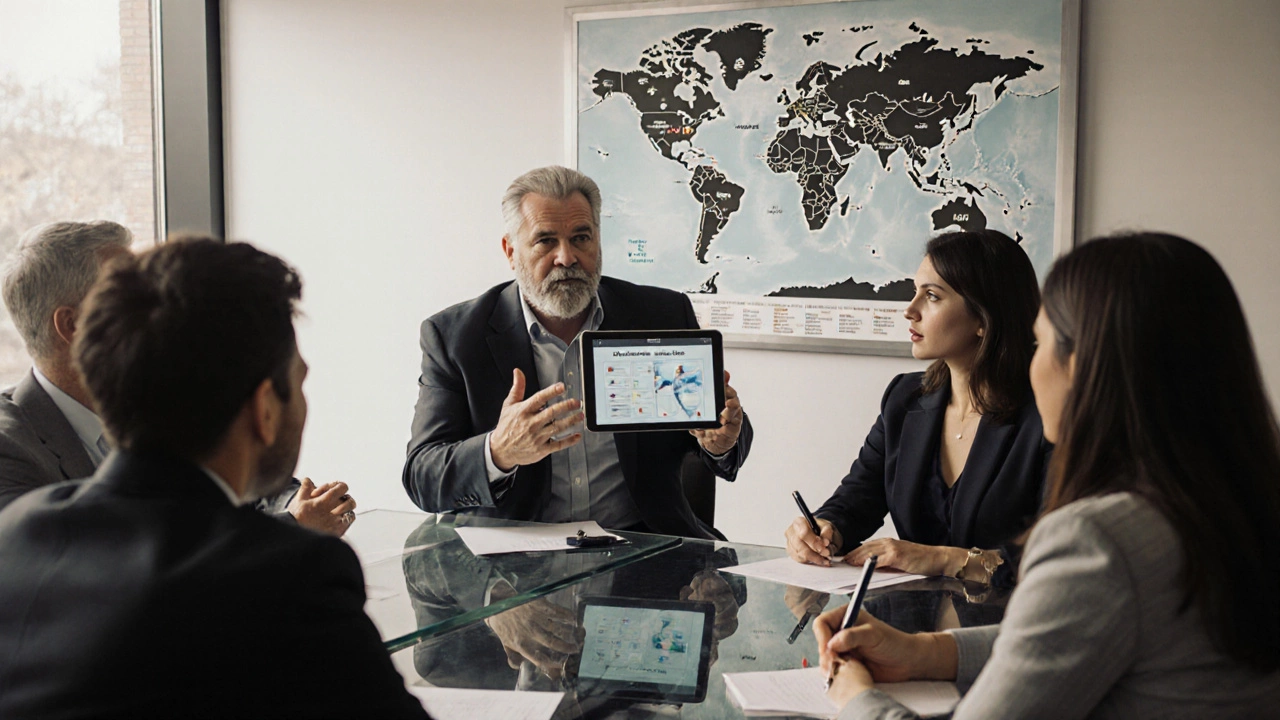Professionals in their 40s and 50s discussing business strategy in a modern EMBA classroom.